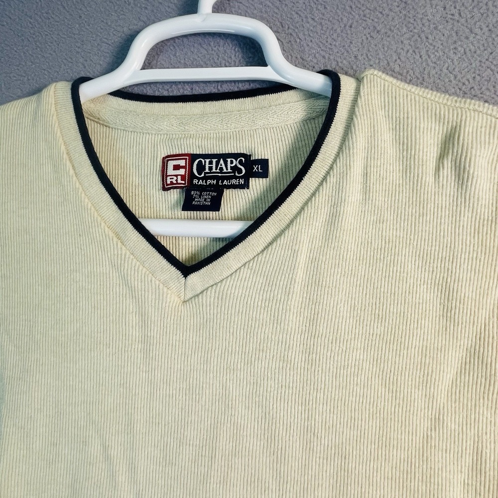 Vintage Ralph Lauren Chaps Sweater Mens XL Cream Cotton Linen V-Neck Ribbed